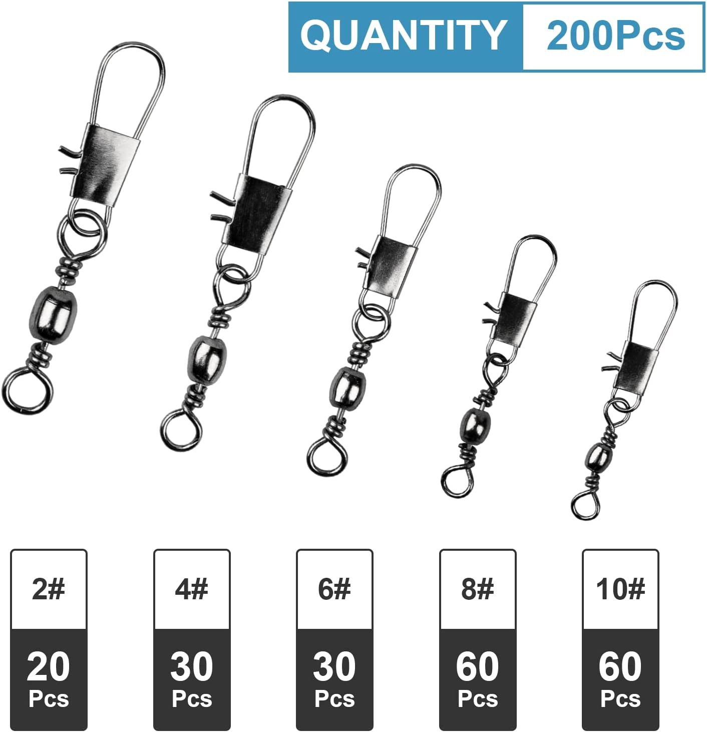 200PCS Fishing Rolling Ball Bearing Barrel Swivel with Safety Snap Conne