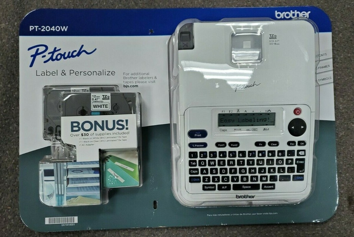 Brother P-Touch PT-2040W Labeler Maker White 2 Label Tapes + AC Adapter Printer