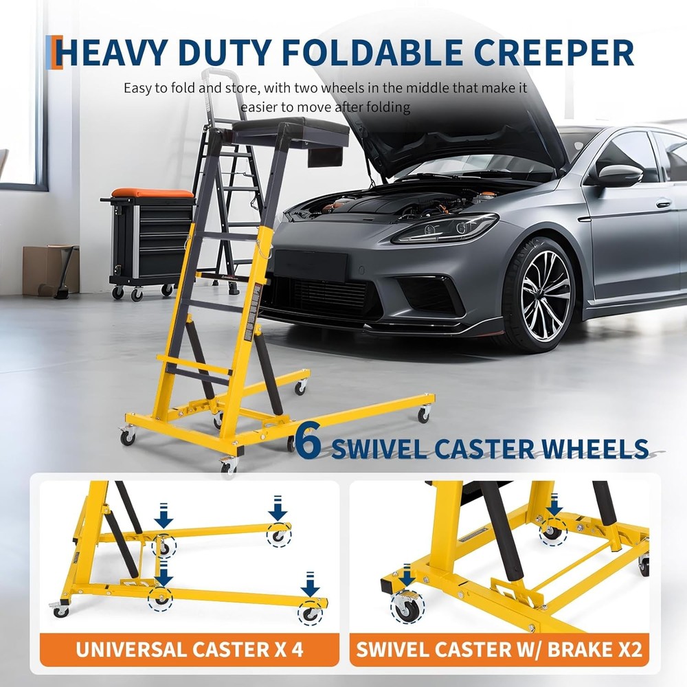 Adjustable Garage Creeper with Lockable Wheels, Tool Pouch & Ergonomic Design