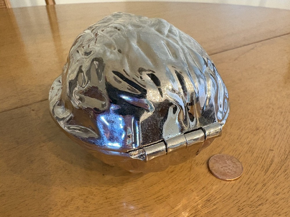 Mid Century Silver Metal Hinged Nutcracker Figural Walnut Shell