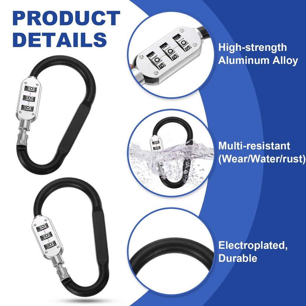 4.2 Inch Length Combination Locks, 3 Dial Digit Combo D-Ring Locking, Black
