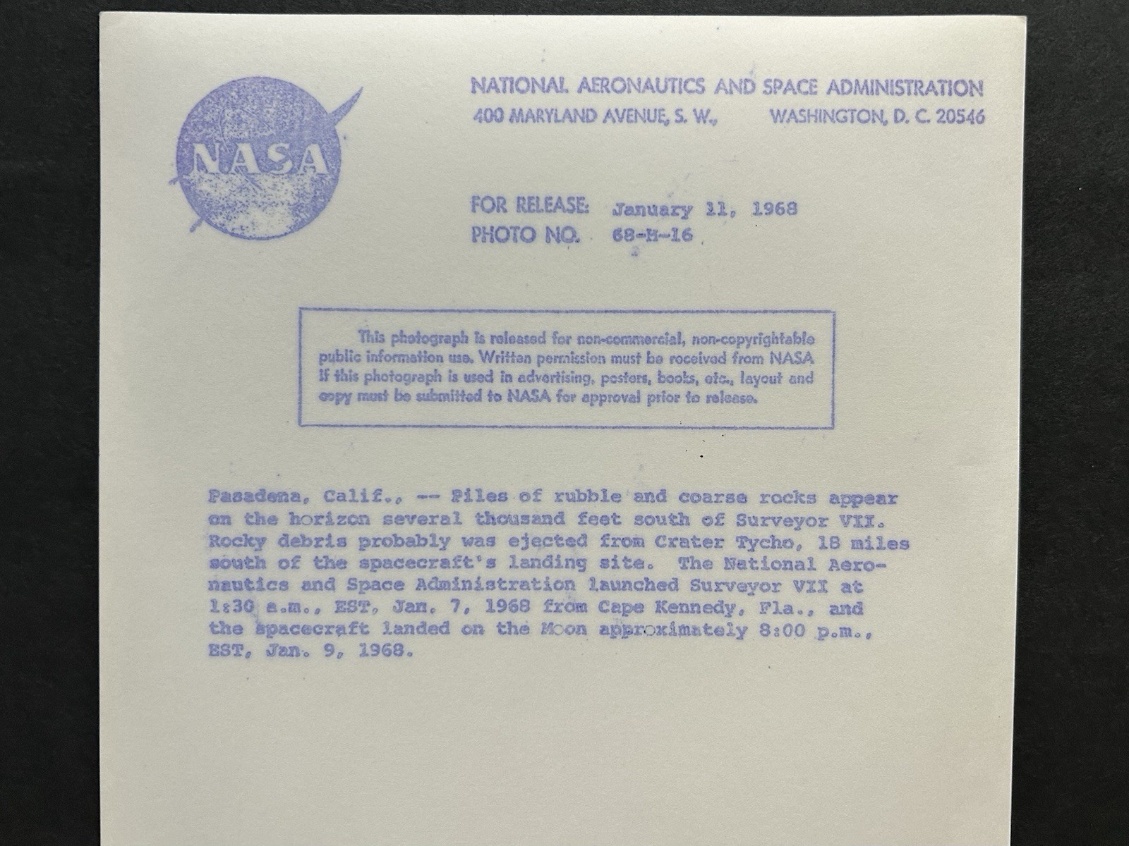 1968 NASA “Moon Surface Piles of Rubble Rocks” Surveyor VII Camera” Photograph