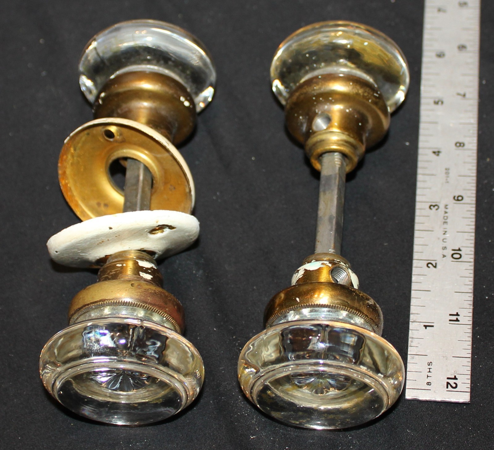 Pair Victorian Original Cystal Glass Door Knobs Brass Shank Heavy SET Of 2. WOW!