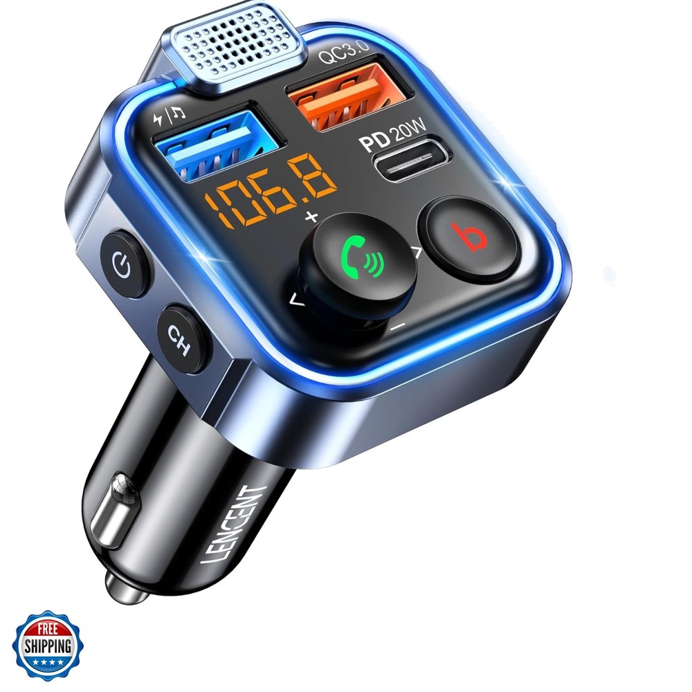 FM Transmitter in-Car Adapter, Type-C PD 20W+ QC3.0 Fast USB Charger, Wireles...