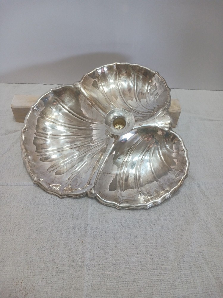 Vintage Silverplate Triple Clamshell Serving Dish with Taper Candle Holder