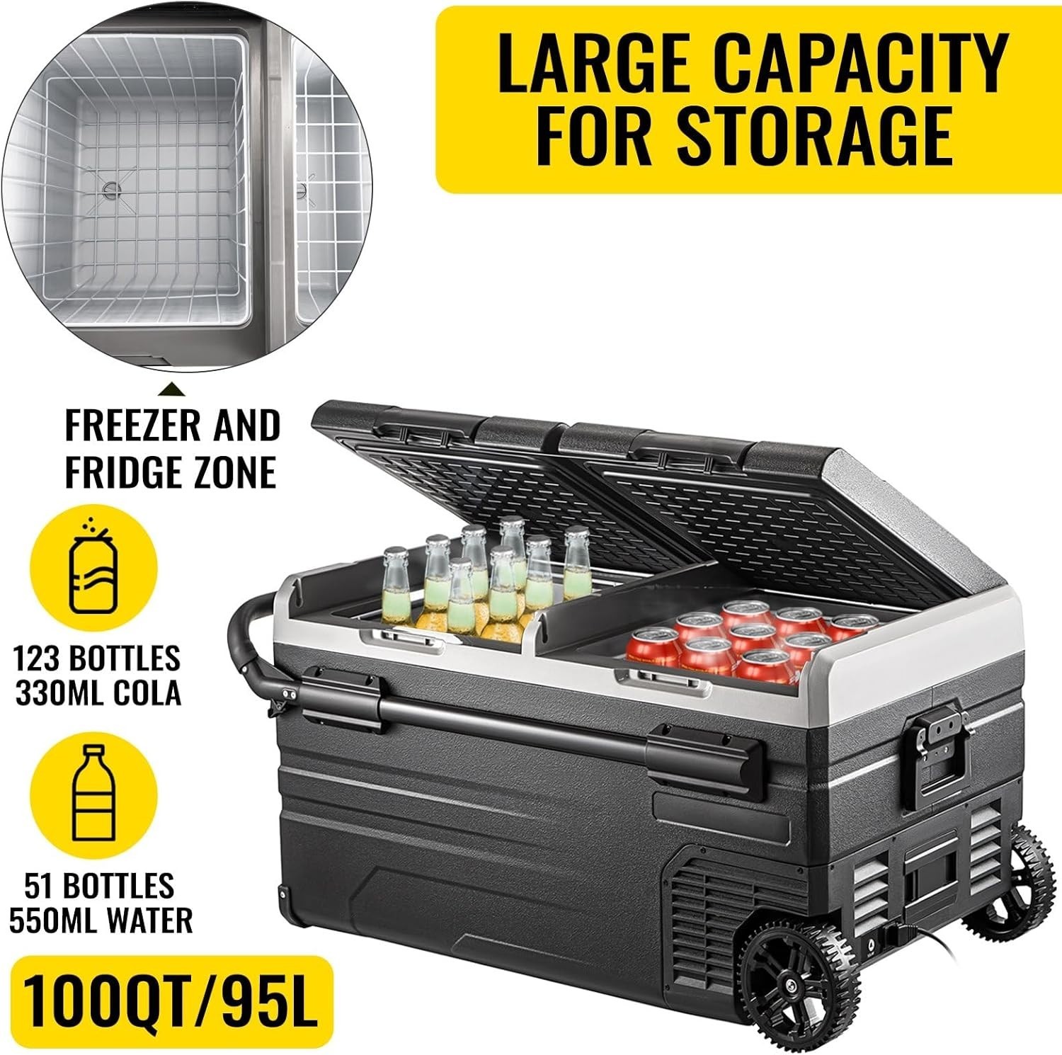 100 Quart Dual Zone Portable Fridge/Freezer 12/24 V & 100-240 V for Camp, RV