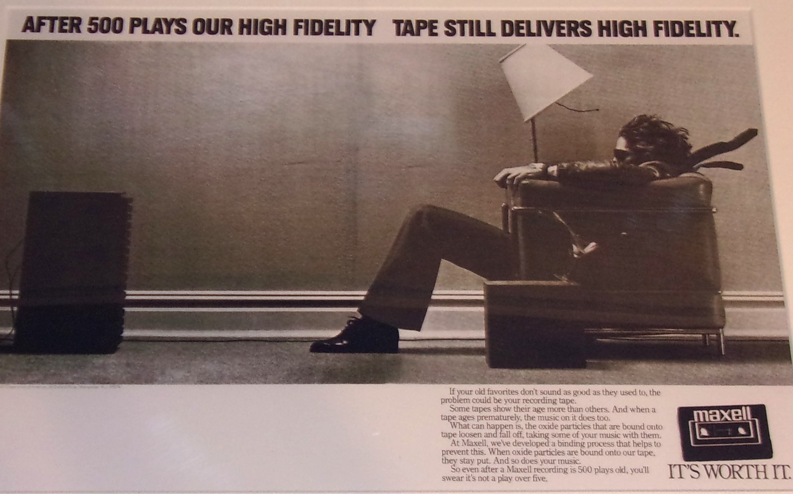 FRAMED Maxell Cassette Tape "BLOWN AWAY" 1982 Ad Poster 23"x20" JBL L100 Speaker