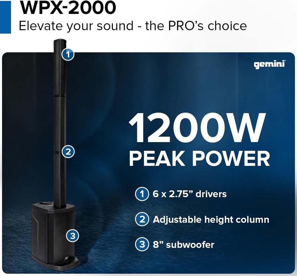 Gemini Sound Powered Line Array PA System with 8" Subwoofer, Mixer & Bluetooth