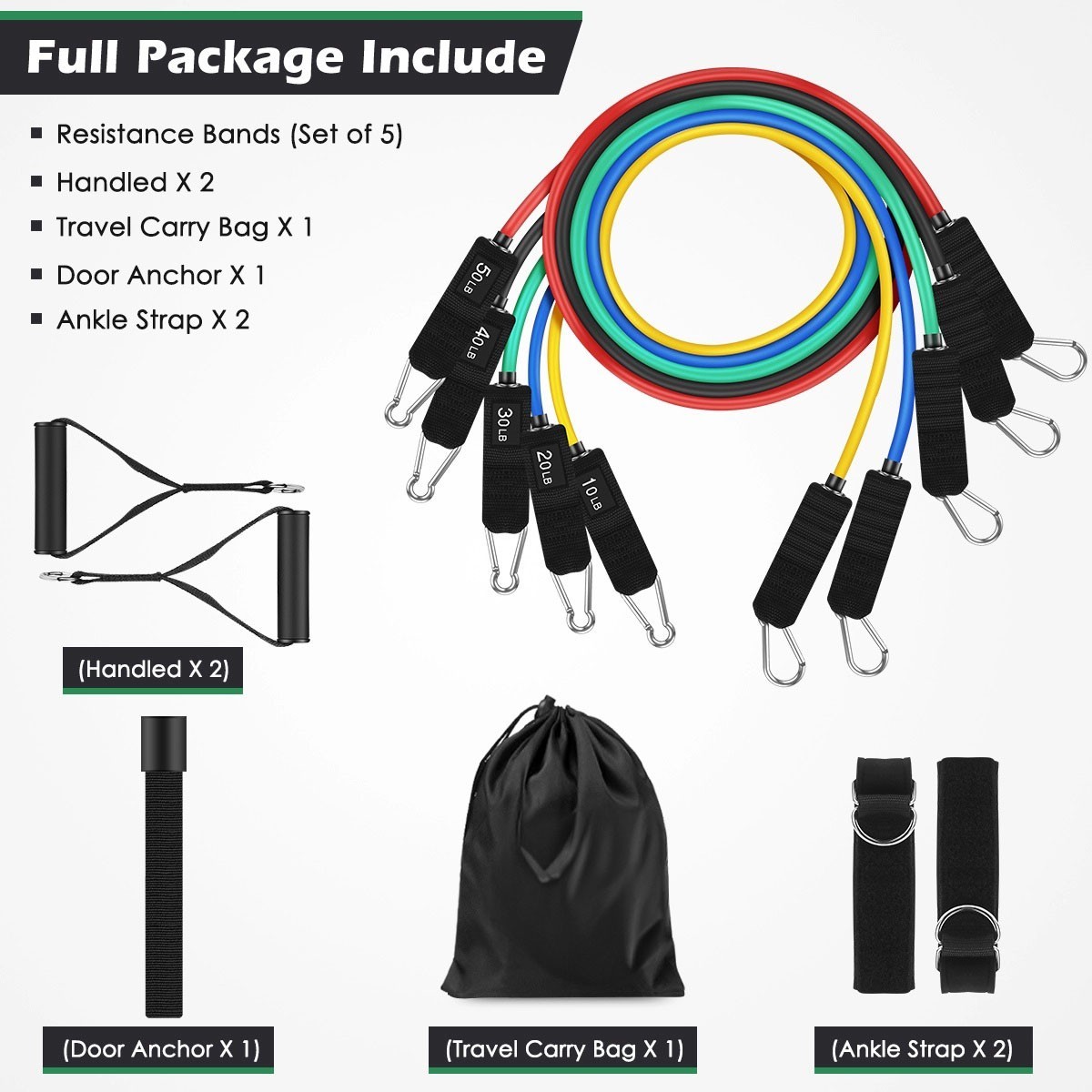 Resistance Bands Set 10–50 LB, Exercise Bands Kit for Men & Women, 11 pc Set