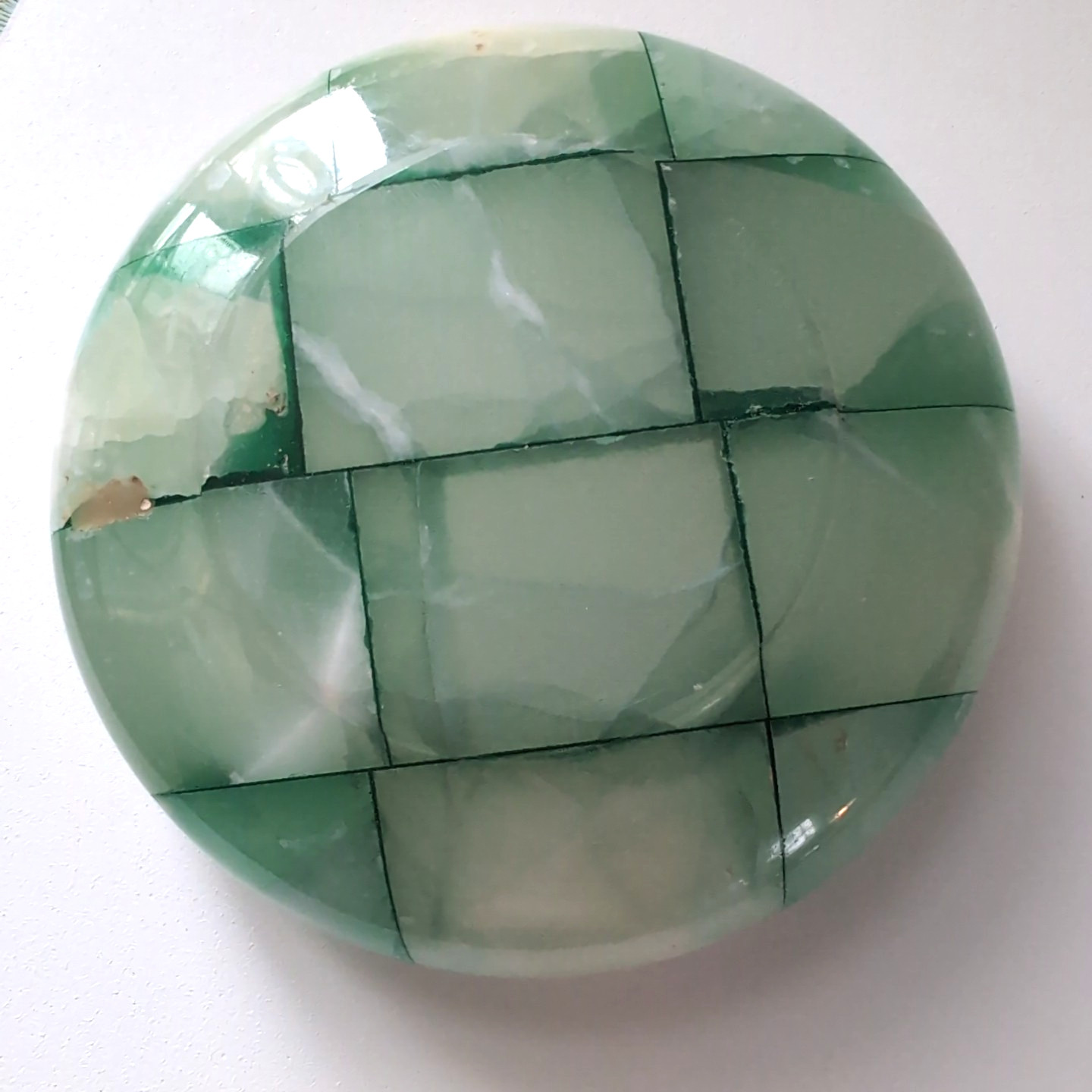 Vintage Carved Green Onyx Stone Ashtray MCM Heavy Trinket Made Italy Checkered