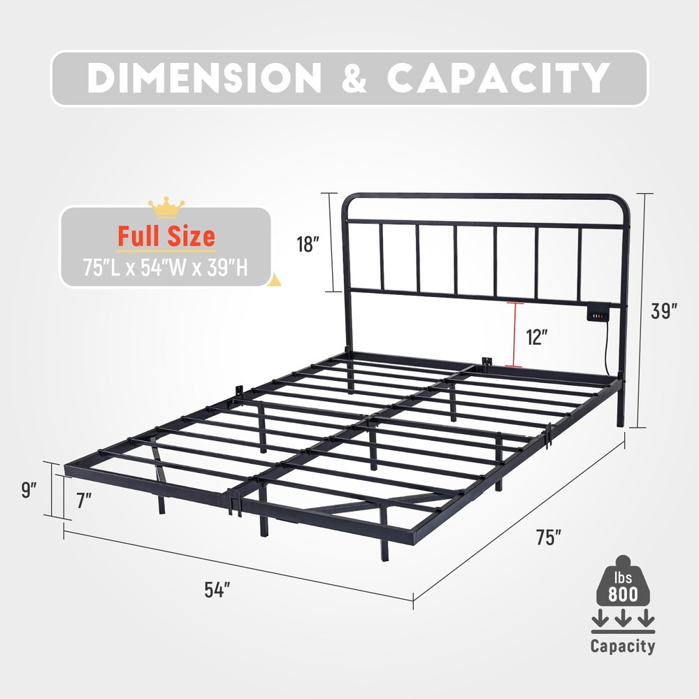 Floating Full Size Platform Bed Frame with LED Lights & Charging Station - In...