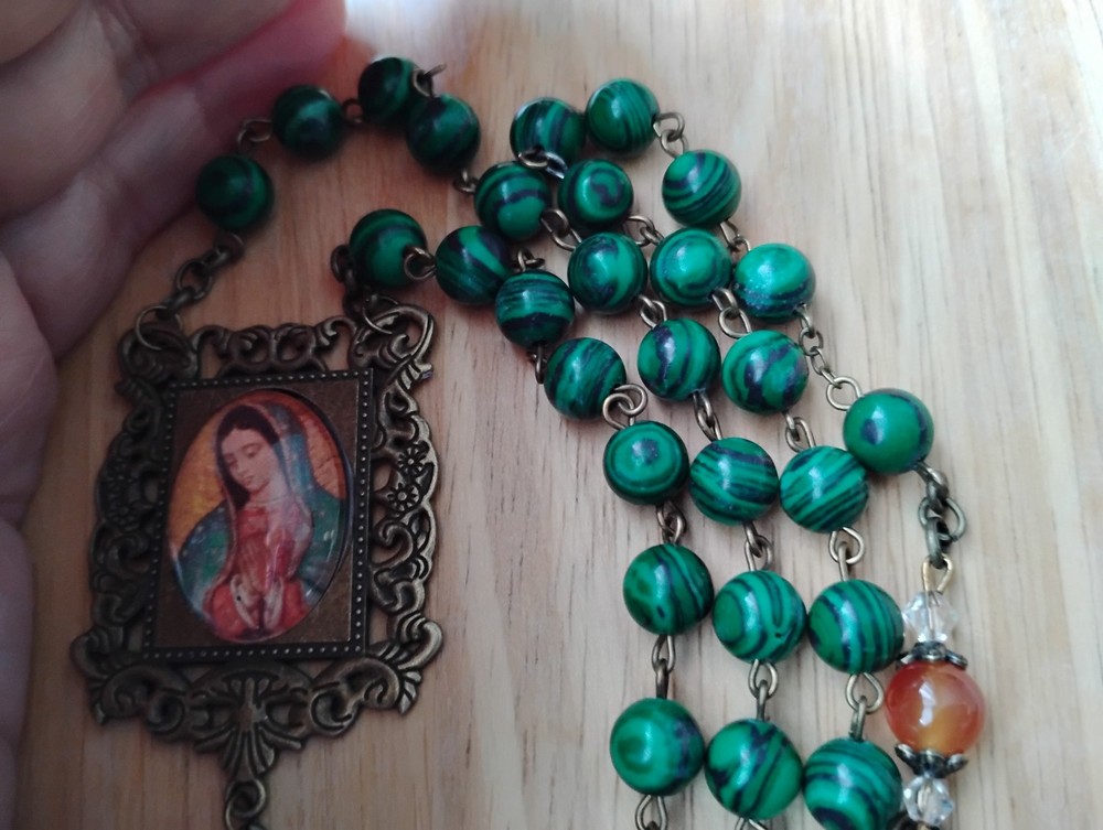 Malachite & Carnelian Gemstone Rosary 8mm Beads Bronze Our Lady Guadalupe Medal