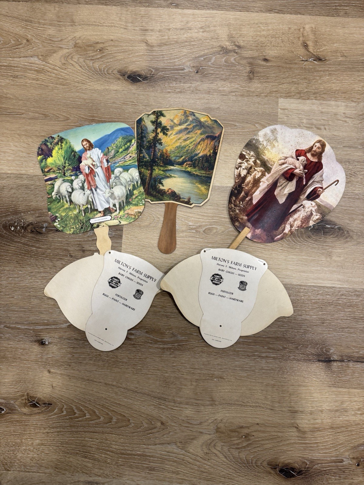 5 Vintage Hand Fans Grocery 1936 Church 1981 Jeweler VA Religious Hand Fans