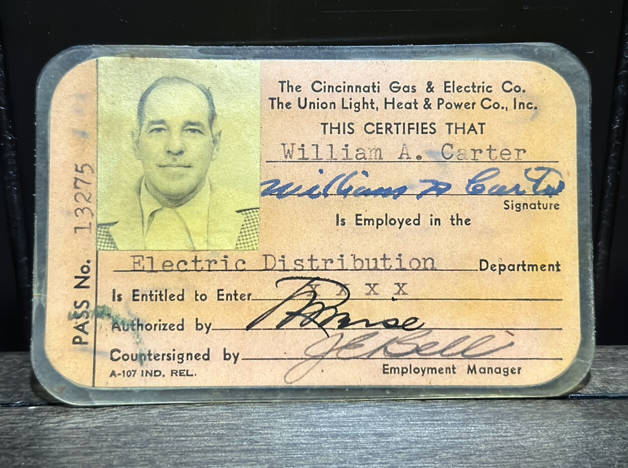 1953 Cincinnati Gas & Electric Co. Employee Badge Card Electric Distribution