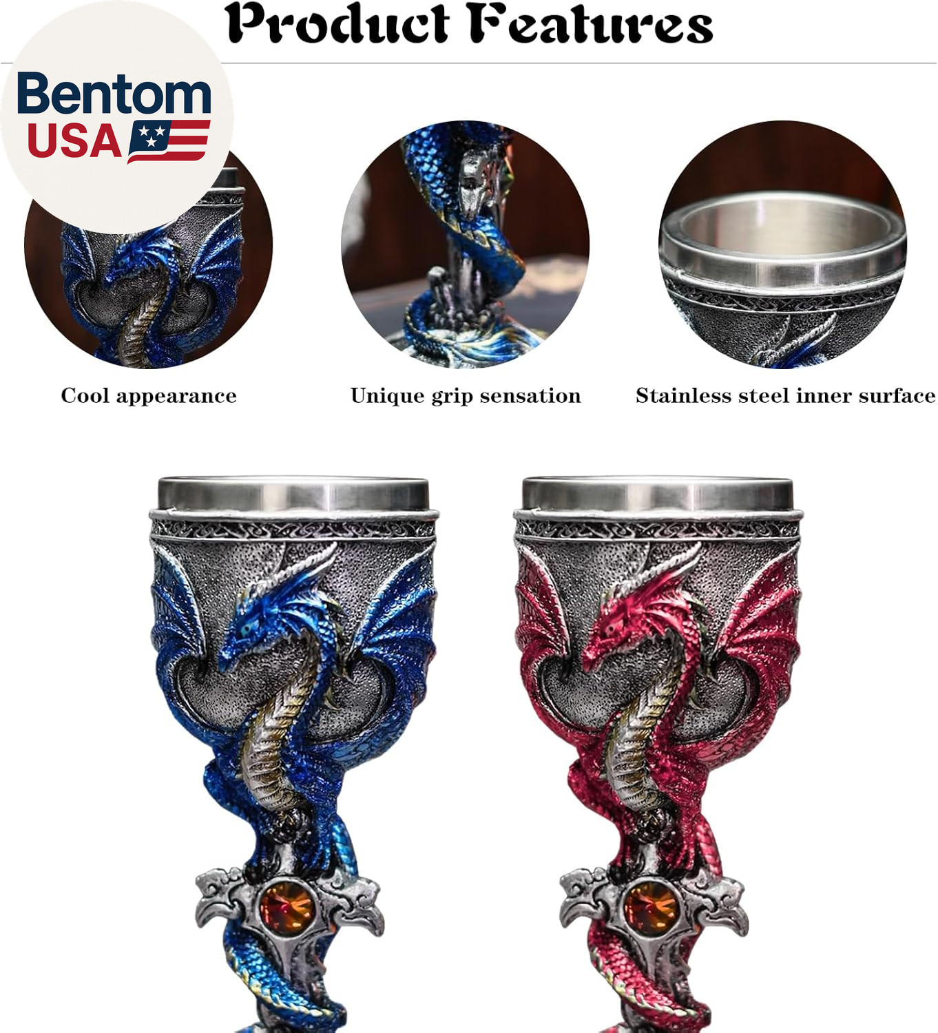 Medieval Flame Dragon Wine Goblet,Goblet Resin Wine Cup with Stainless Steel Lin