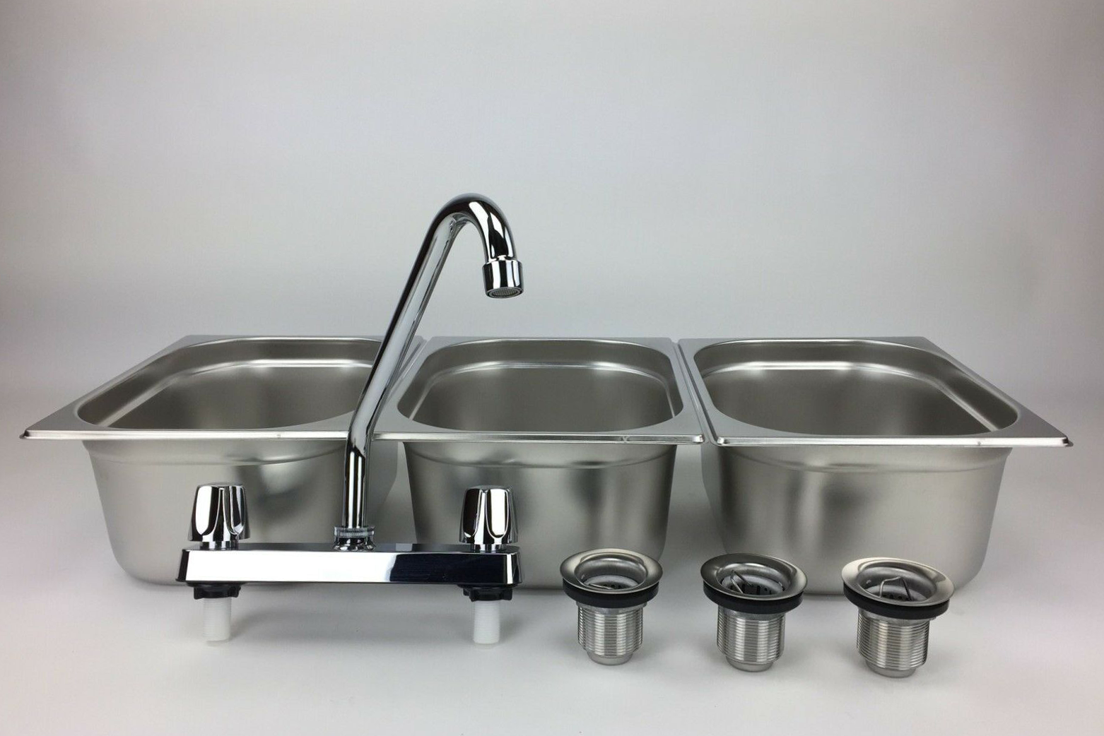 Large 3 Compartment Sink set For Portable Concession Sinks w/ Faucet Drain Traps