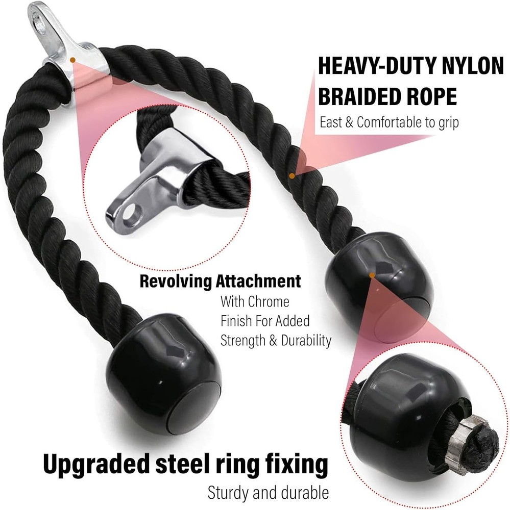 Double Length Tricep Pull Down Rope - 54 Inches Attachment for Cable Machine ...