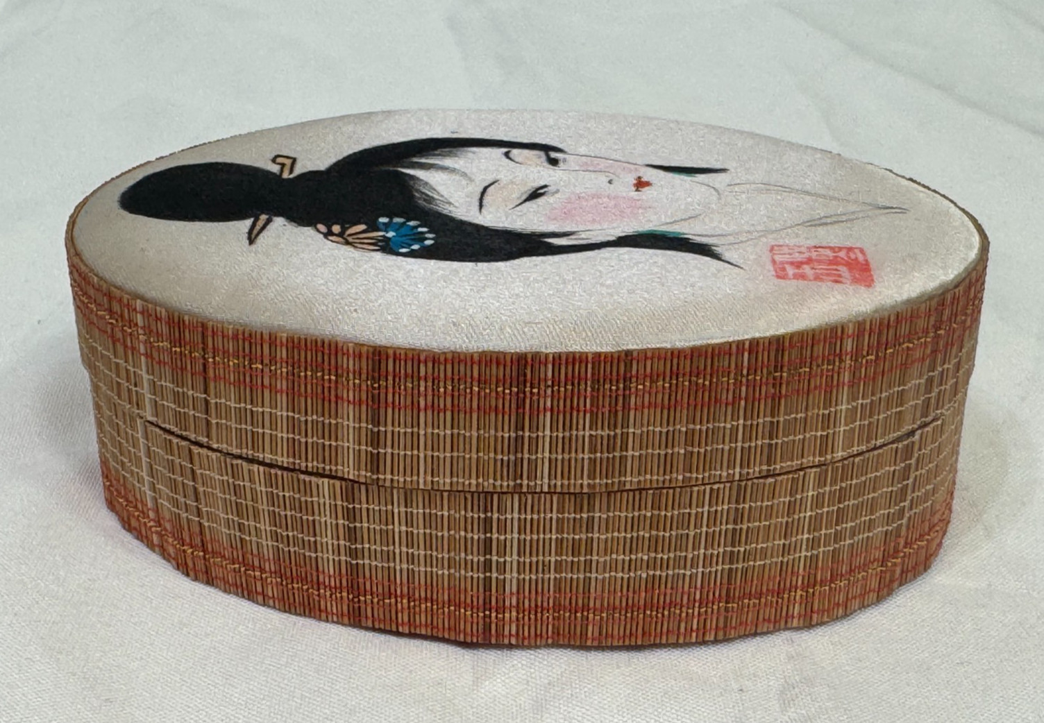 JAPANESE ASIAN CHINESE SILK GREEN WALLET SIGNED OVAL BOX PAINTING GEISHA WOMAN