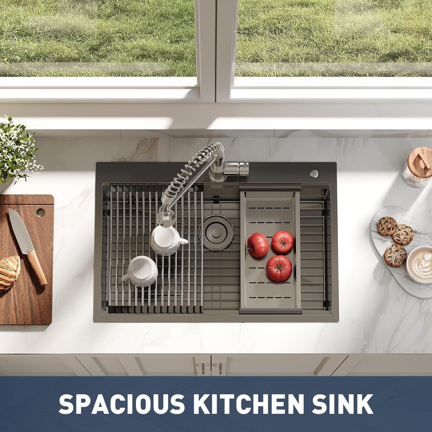 33"x22"x9" Drop in Kitchen Sink with Pull Down Spring Faucet, Single Bowl Sink