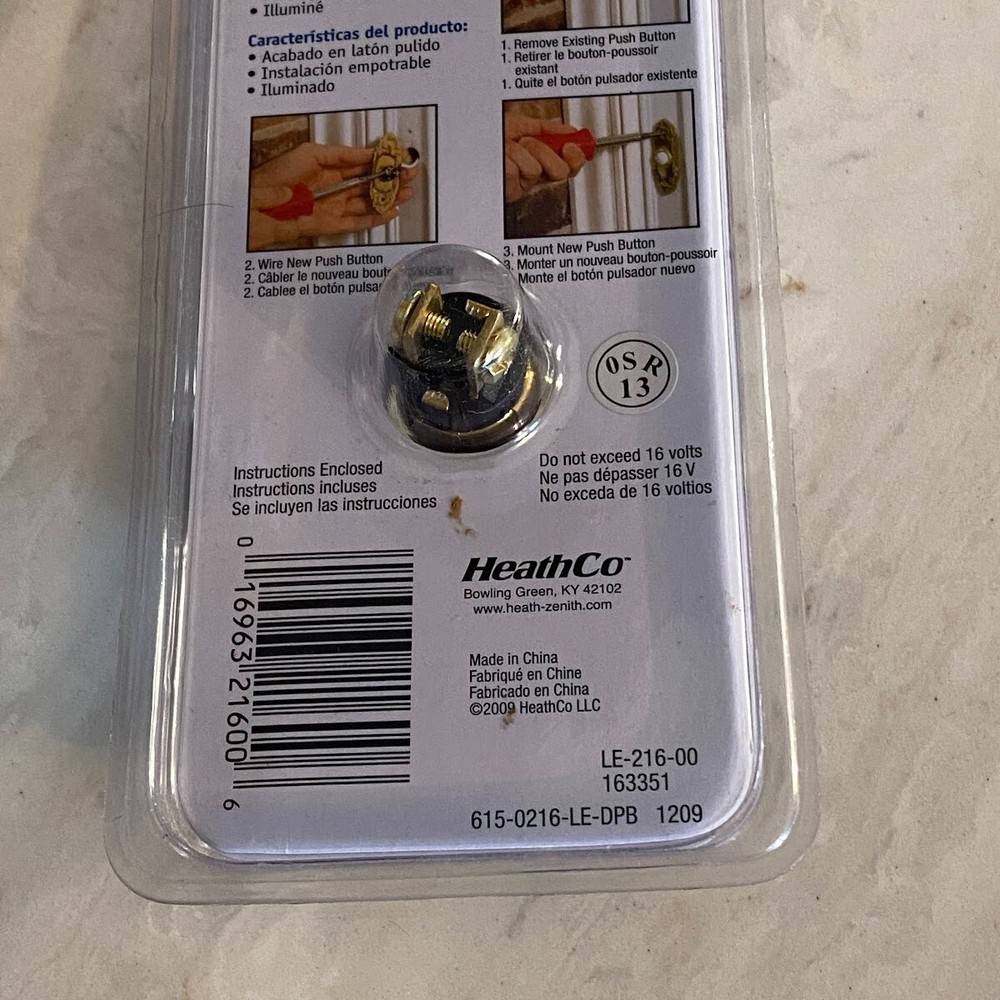 Zenith LE-216 Brass Gold Lighted Wired Doorbell Push Button