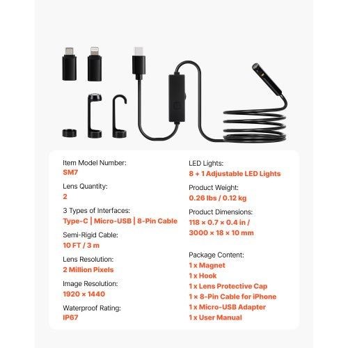 Dual Lens Borescope Endoscope Camera for Android IOS & 10FT Snake Cable