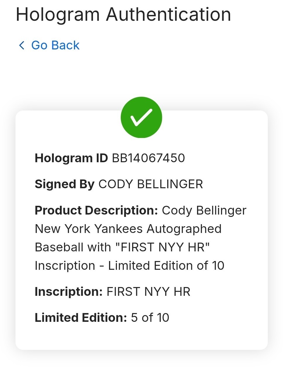 CODY BELLINGER New York Yankees Signed Baseball w/FIRST NYY HR Insc - LE 5 of 10