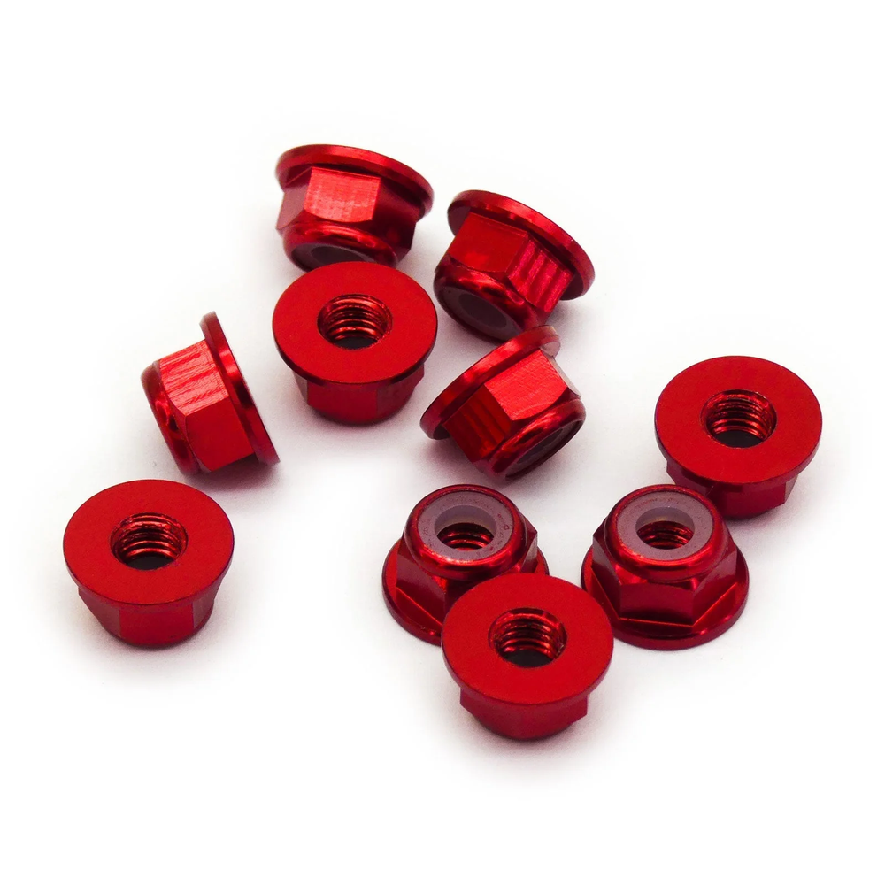 10pcs M4 Flange Locking Hex Nuts Nylon Insert Anodized Aluminum (Red)