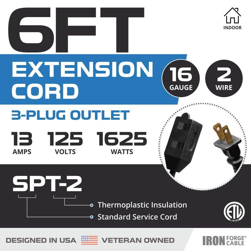 6Ft Black Extension Cord 2Pack 16/2 Durable Electrical Cable