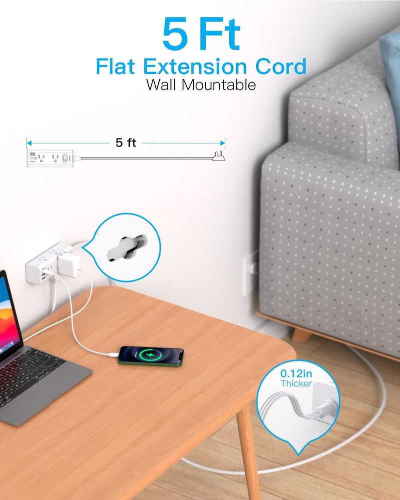5Ft Extension Cord with Multiple Outlets, Flat Plug Power Strip Surge Protect...