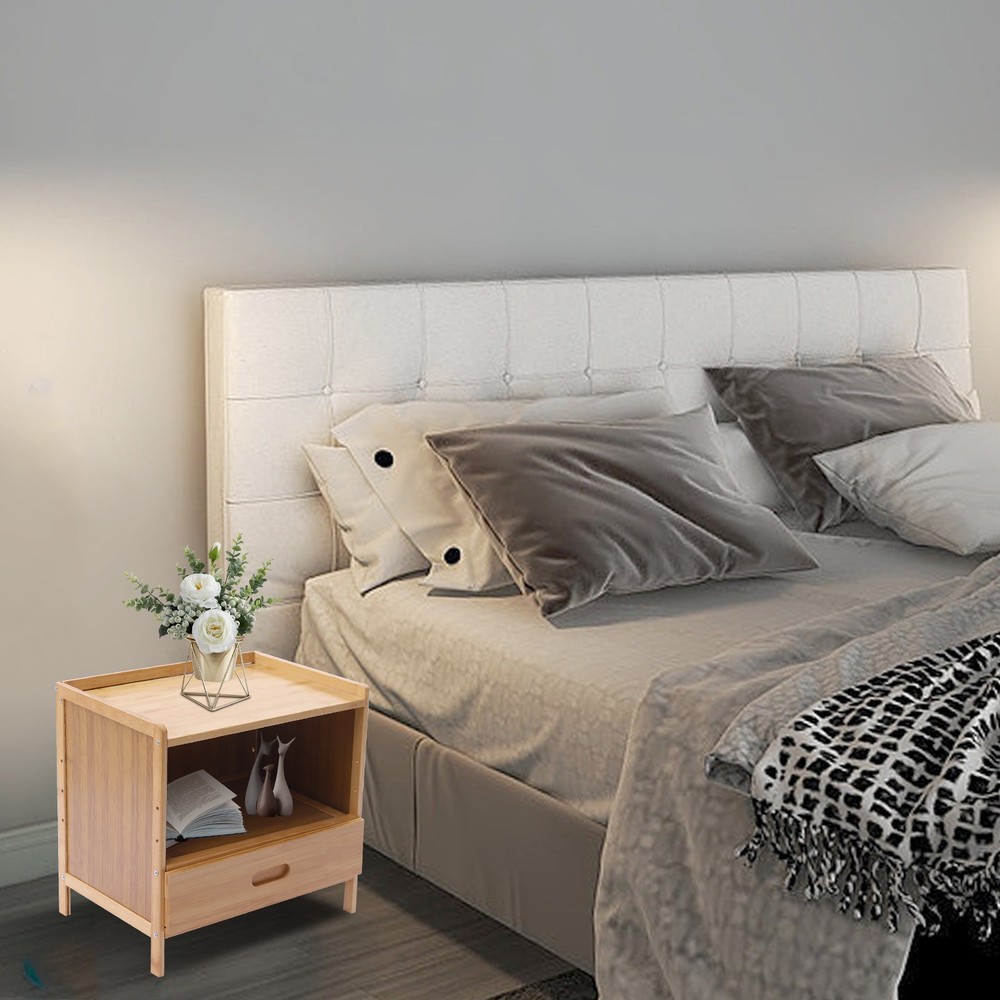 Bamboo Night Stand Bedside Table- Bed Side Table with Drawers, Small Nightstand