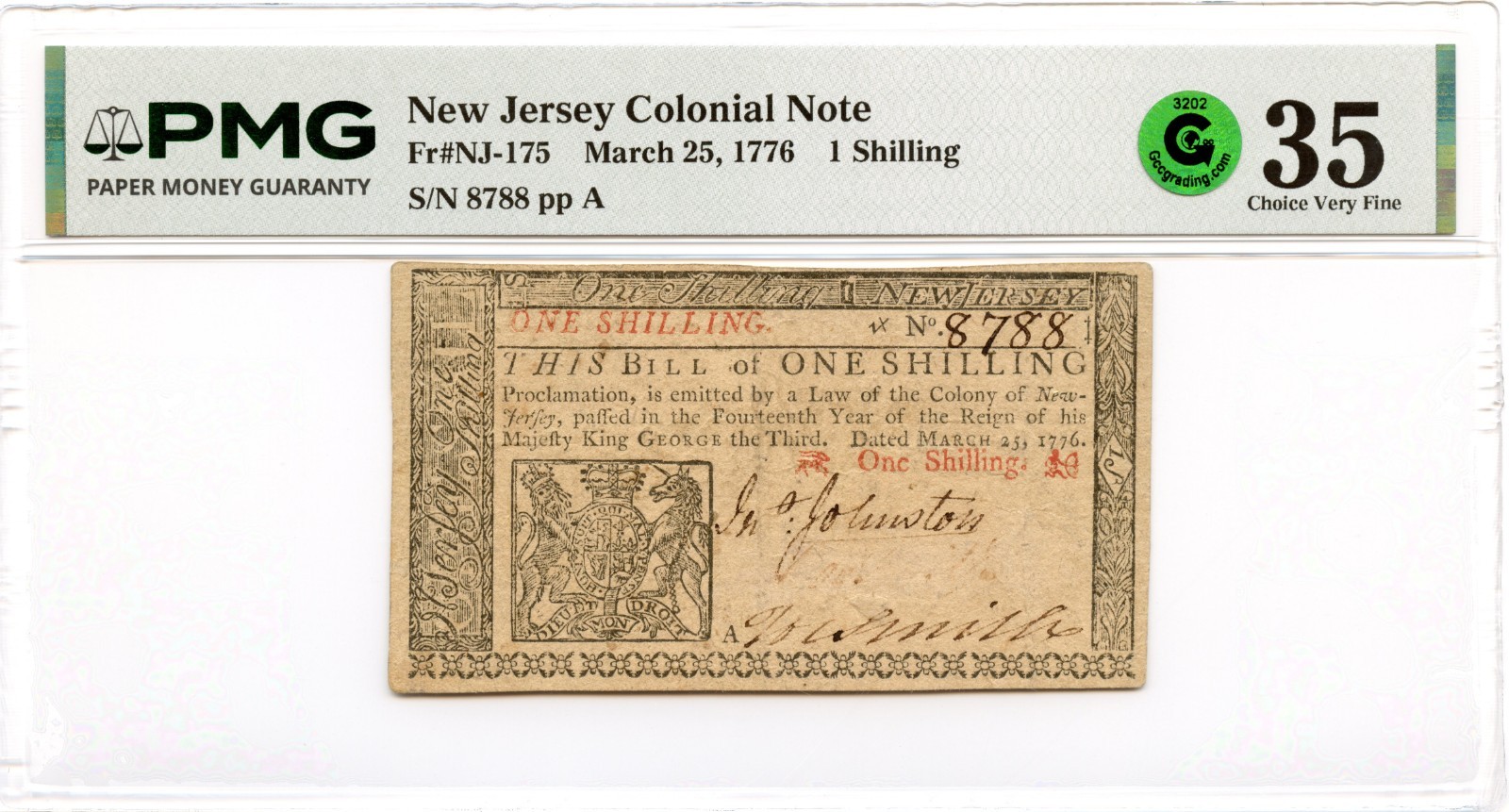 New Jersey Colonial Note Fr#NJ-175 March 25, 1776 1s PMG VF-35 GCC Green