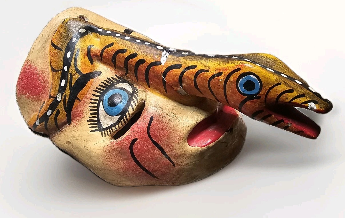 Vintage Wooden Snake Man Animal Mask Mexican Folk Art Hand Carved Hand Painted