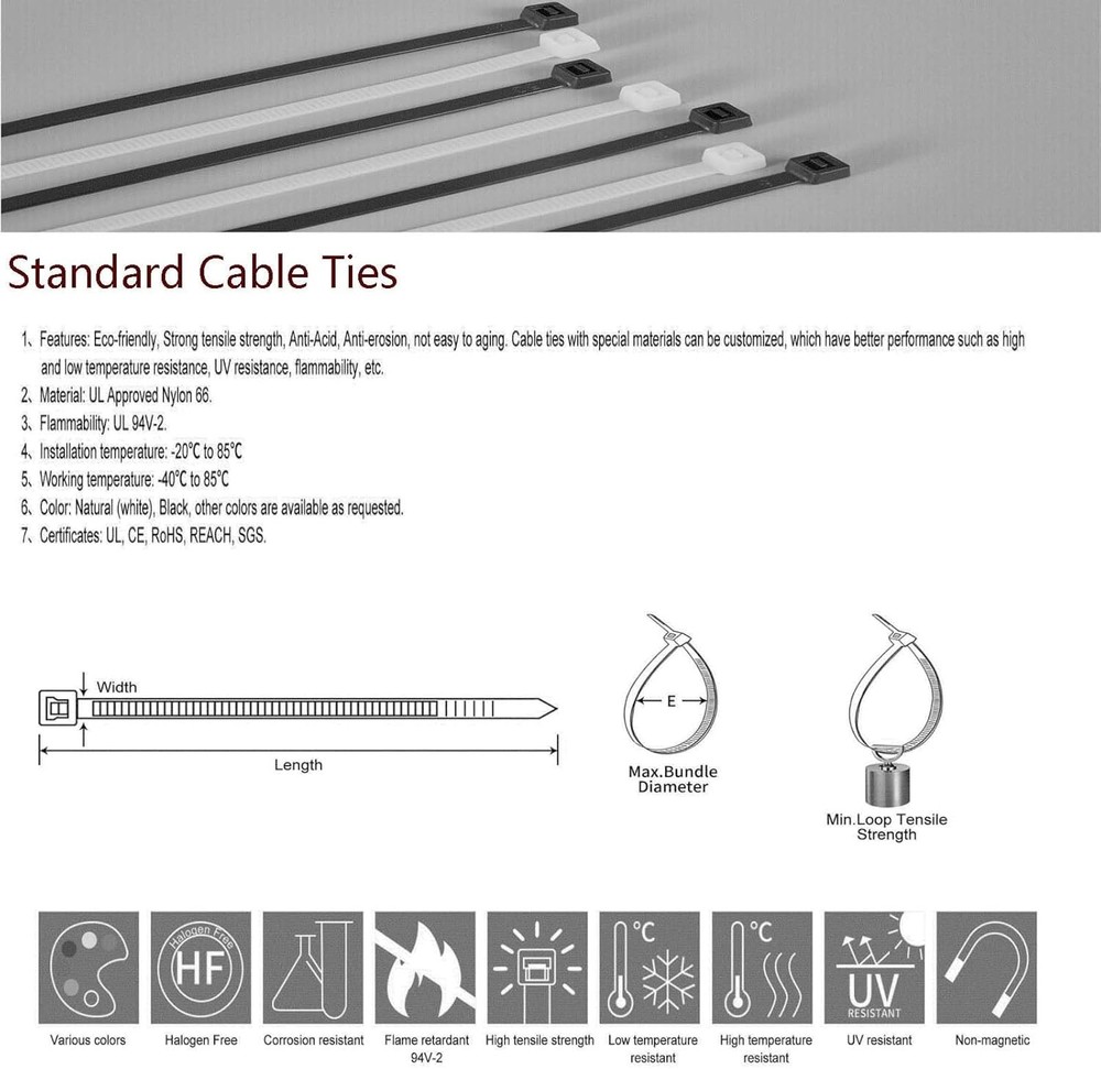 Cable Ties Assorted 300PK, LANGTSA Nylon White