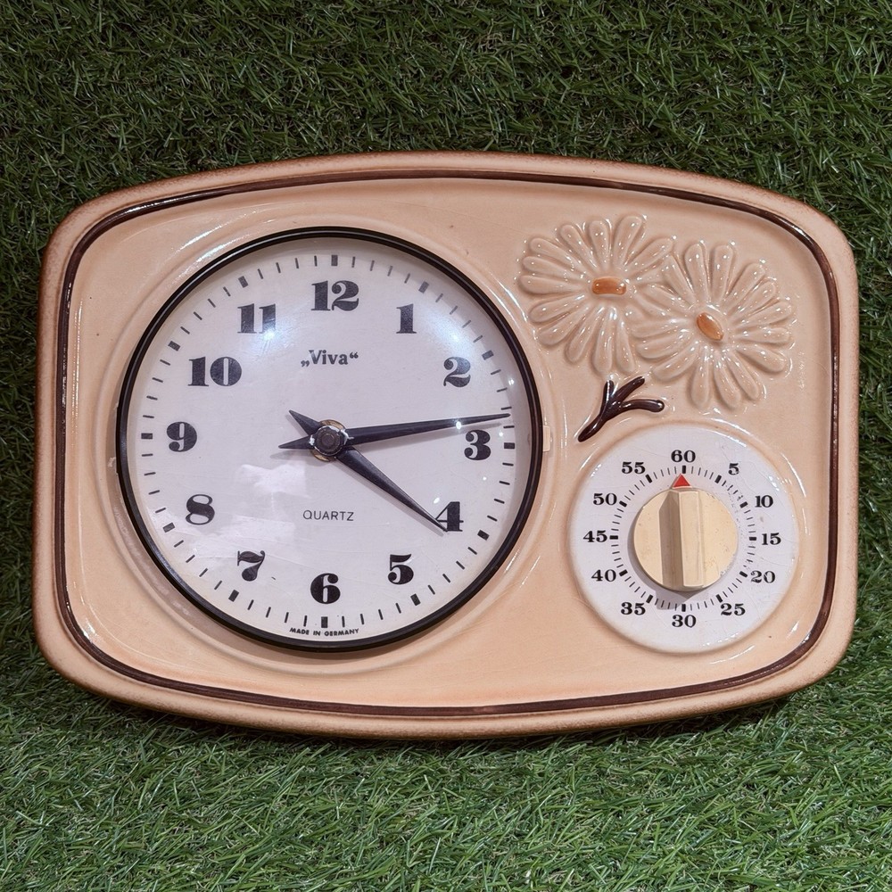 Vintage Retro Beige Flowered Ceramic German Kitchen Wall Clock/Timer/Working