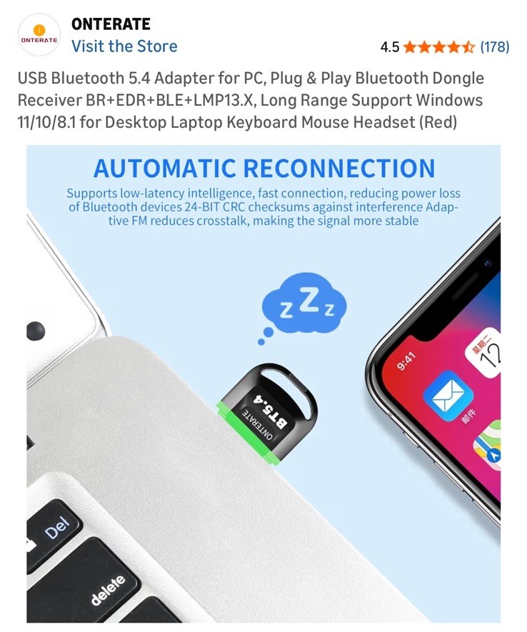 ONTERATE WIRELESS USB BLUETOOTH ADAPTER New 5.4 Chip