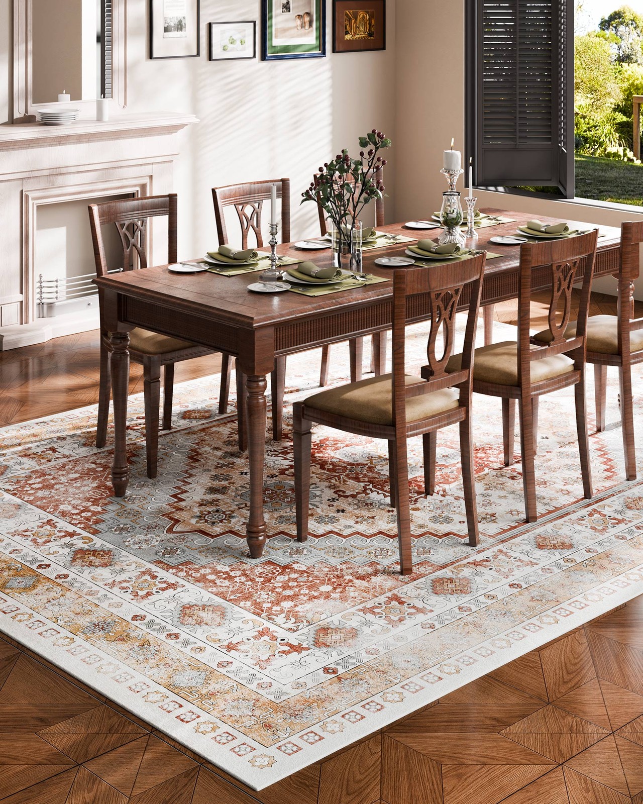 Large Area Rug 9 x 12 ft Anti-Skid Tear-Resistant Floor Mat Vintage Brown Red