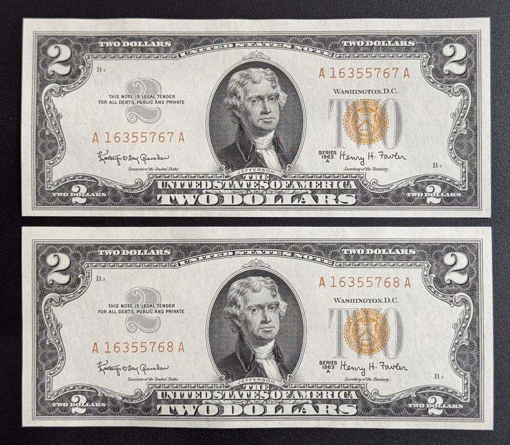 🔥Brown/Orange Seal (2 Consecutive) 1963 $2 Bill UNCIRCULATED🔥
