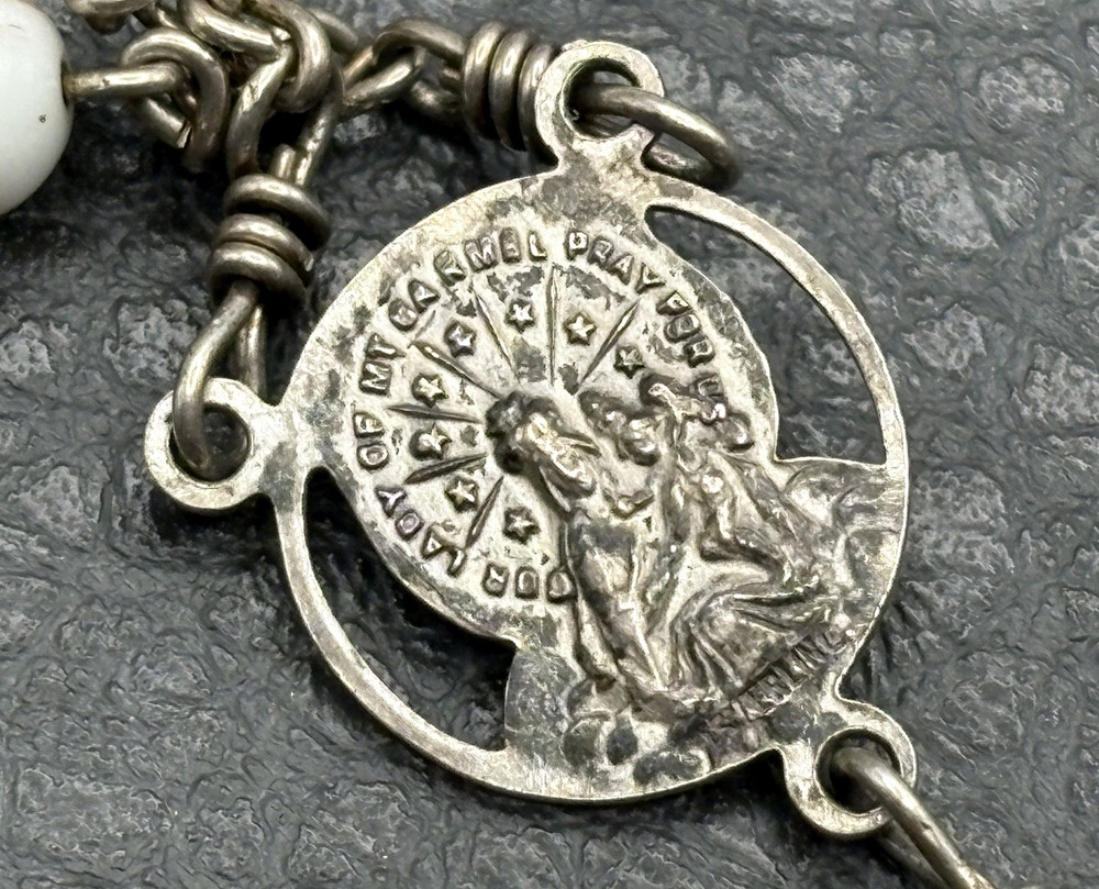 VTG AF Co Sterling Silver White Glitter Glass Catholic Rosary Beads Crucifix