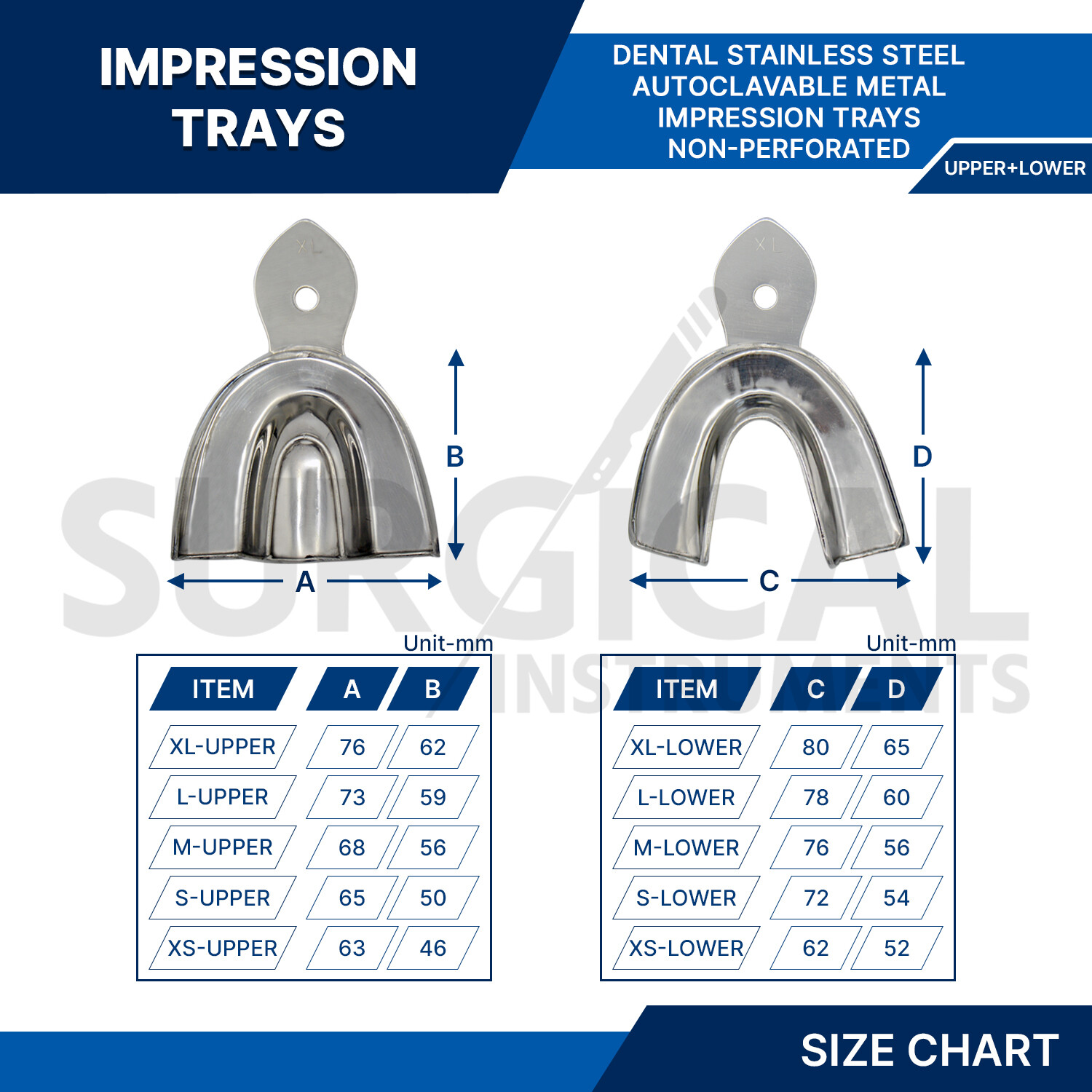 Dental Metal Impression Trays Solid & Perfo Stainless Steel Upper + Lower Choose