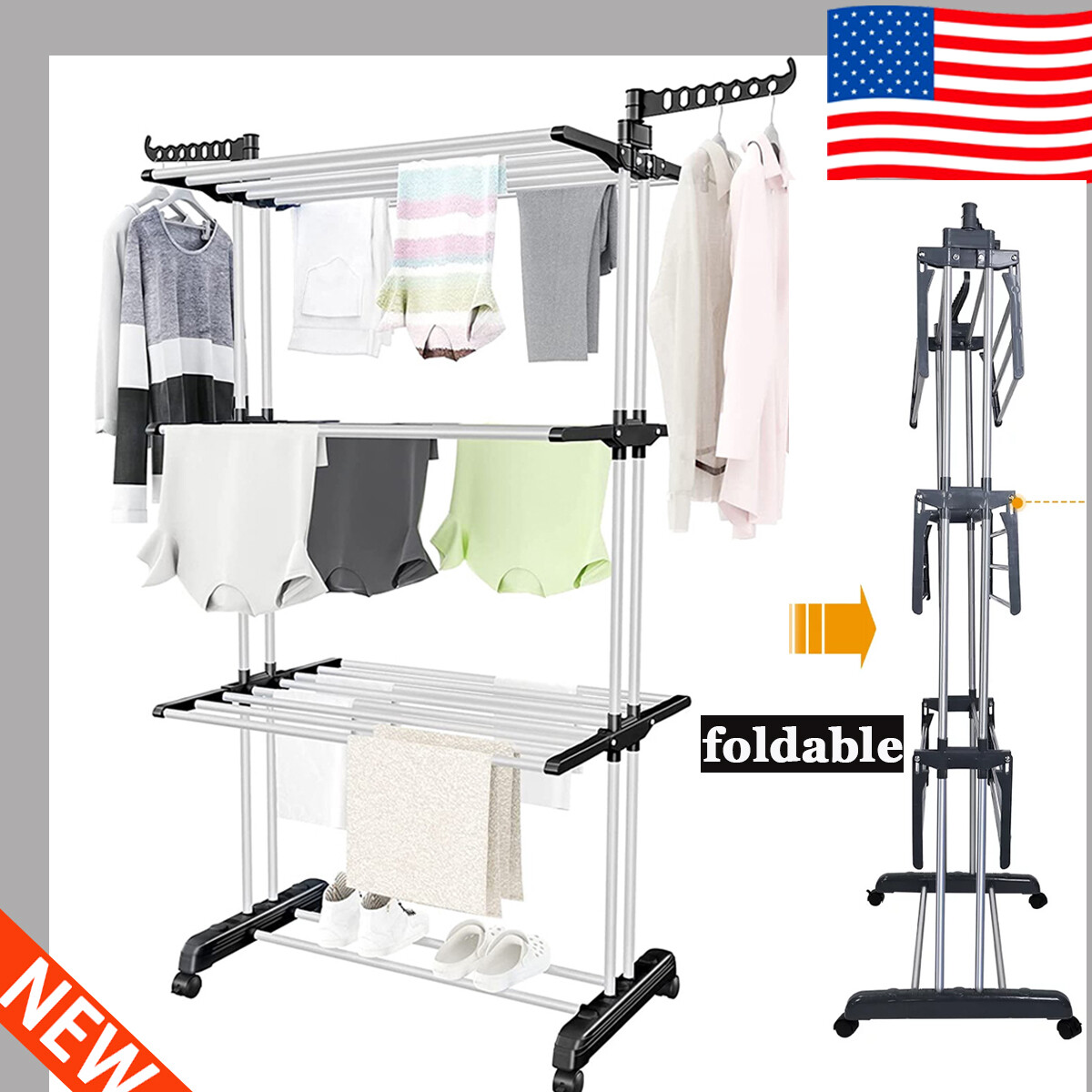 67" Heavy Duty Laundry Clothes Drying Rack Portable Folding Rolling Dryer Hanger
