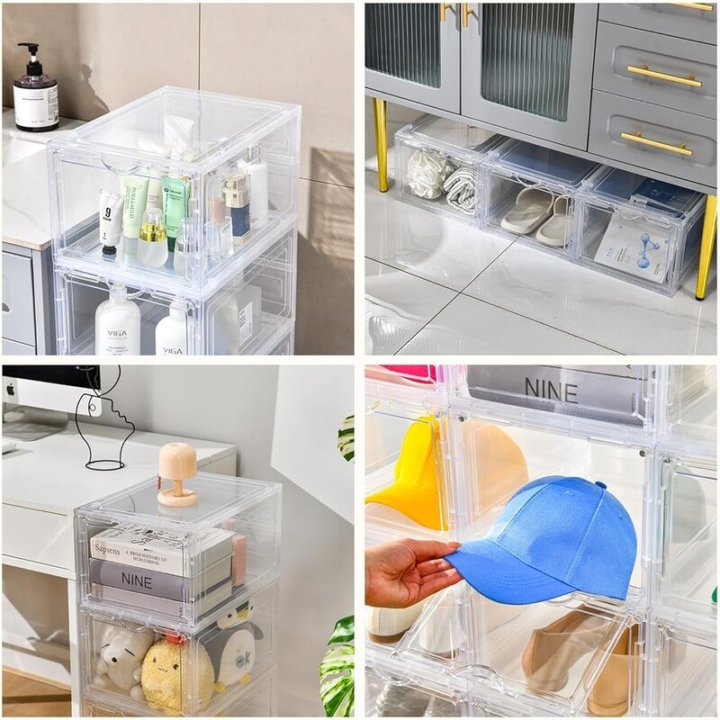 Clear Plastic Shoe Storage Box 8 Pack Stackable Organizer W/ Drop Front Design