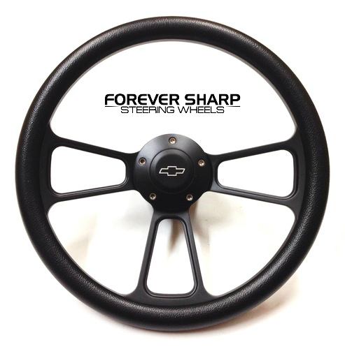 14" Billet Black Muscle Chevy 69-94 GM Steering Wheel w/ Chevy Engraved Horn Set