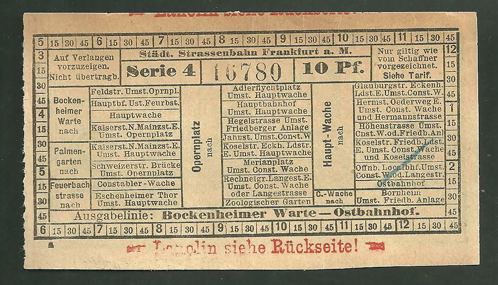 1900 Stadt Strassenbahn Frankfurt A.M. Germany 10 Pfennig Trolley Ticket