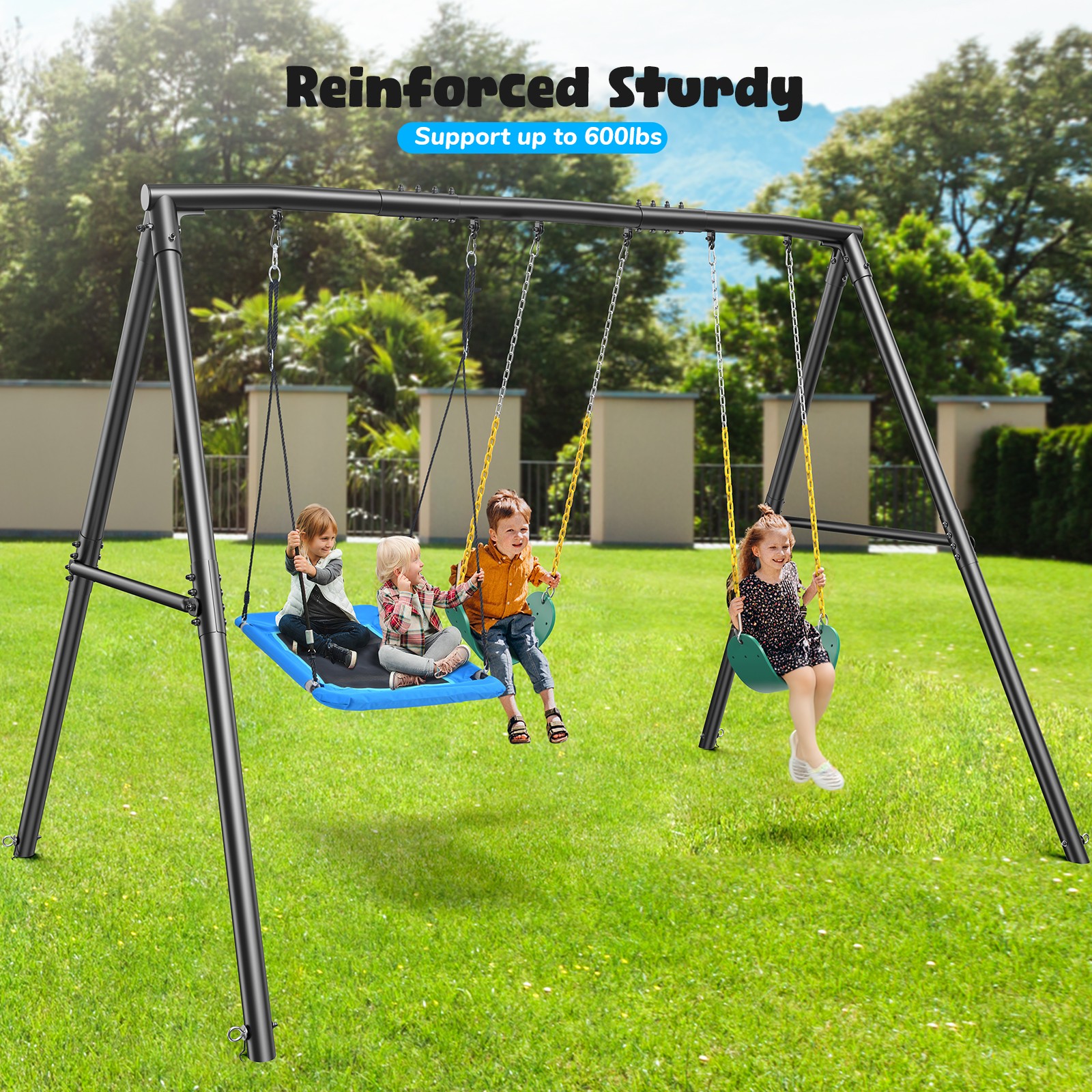 600lb Outdoor Swing Set for Backyard with 3 Swings Heavy Duty Metal Swing Stand