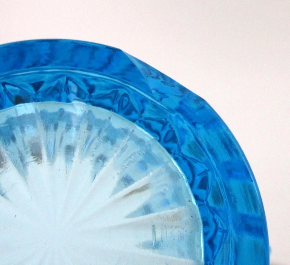 Sapphire BLUE Ribbed Swirl pressed glass OPEN SALT, Footed Metal STAND - GERMANY