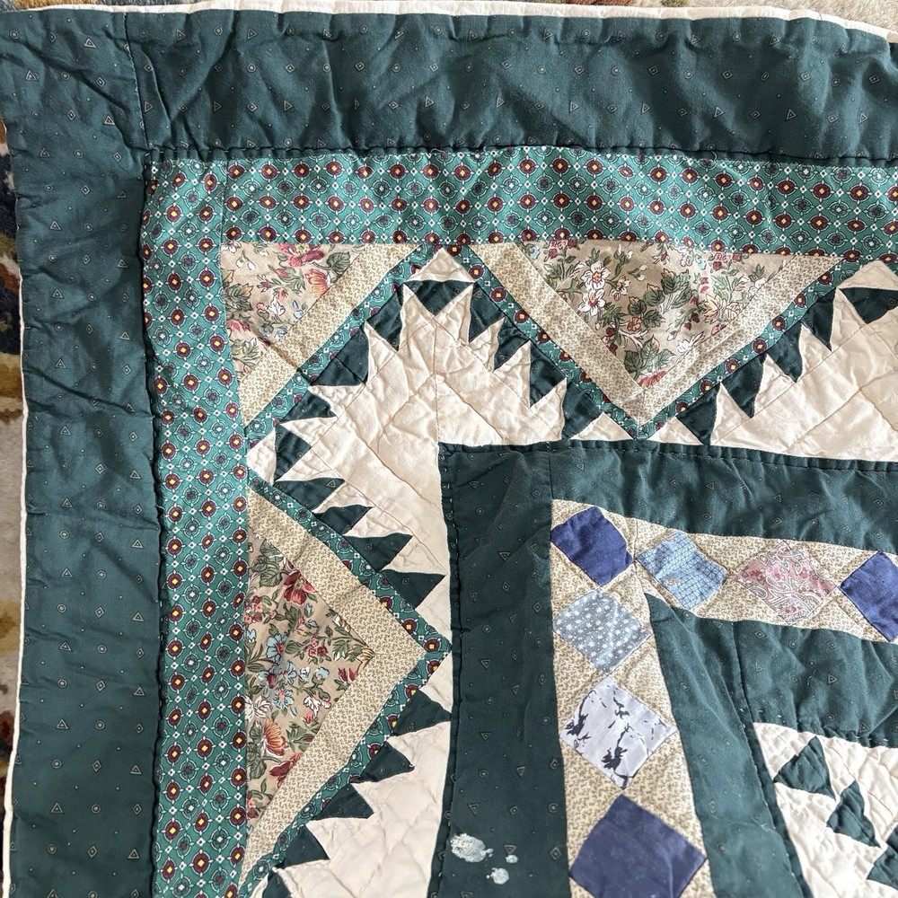 Vintage Mariner’s Compass Quilt King Size Patchwork Medallion Green Blue
