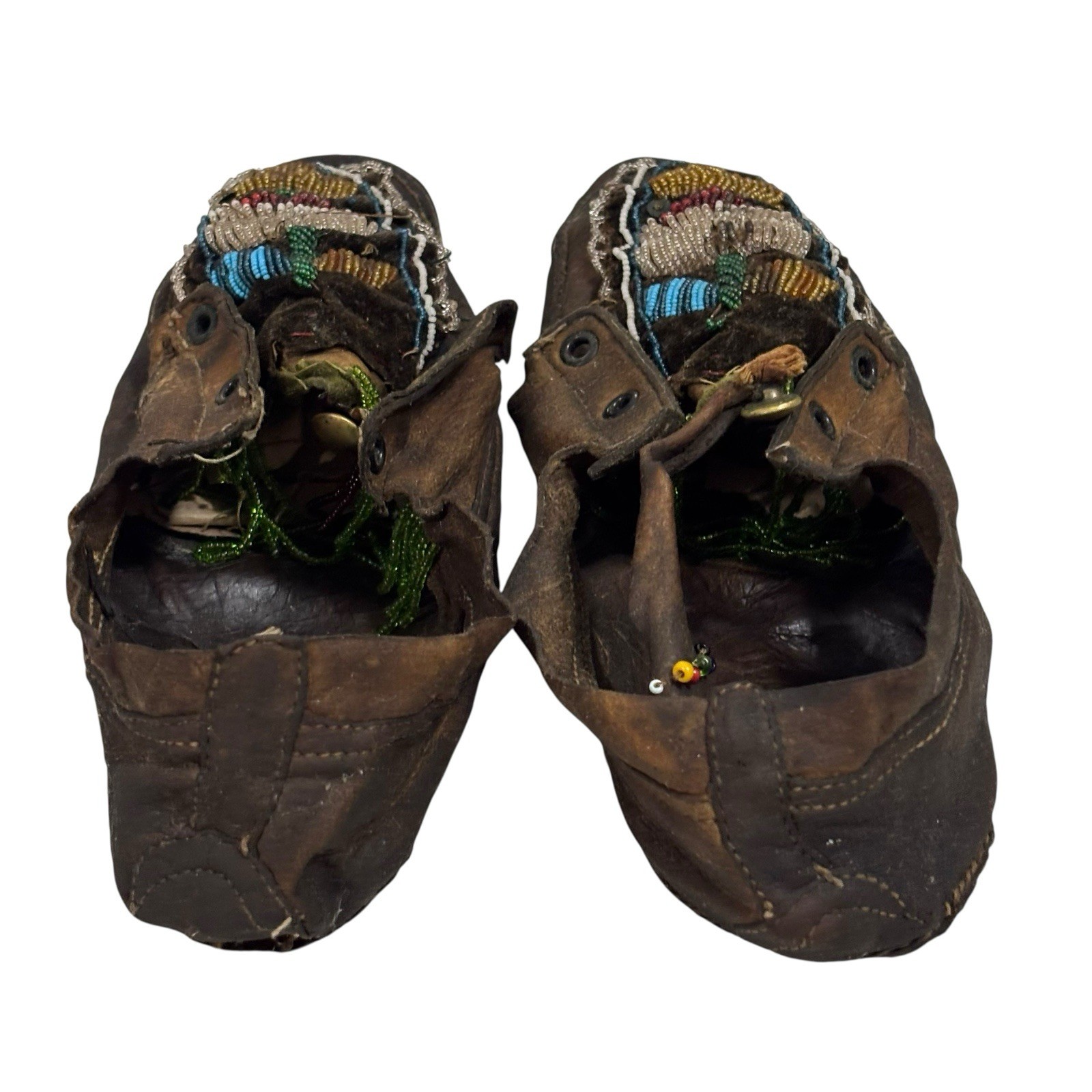 Old Antique Plains Native American Indian Beaded Moccasins Decorated Hide Shoes