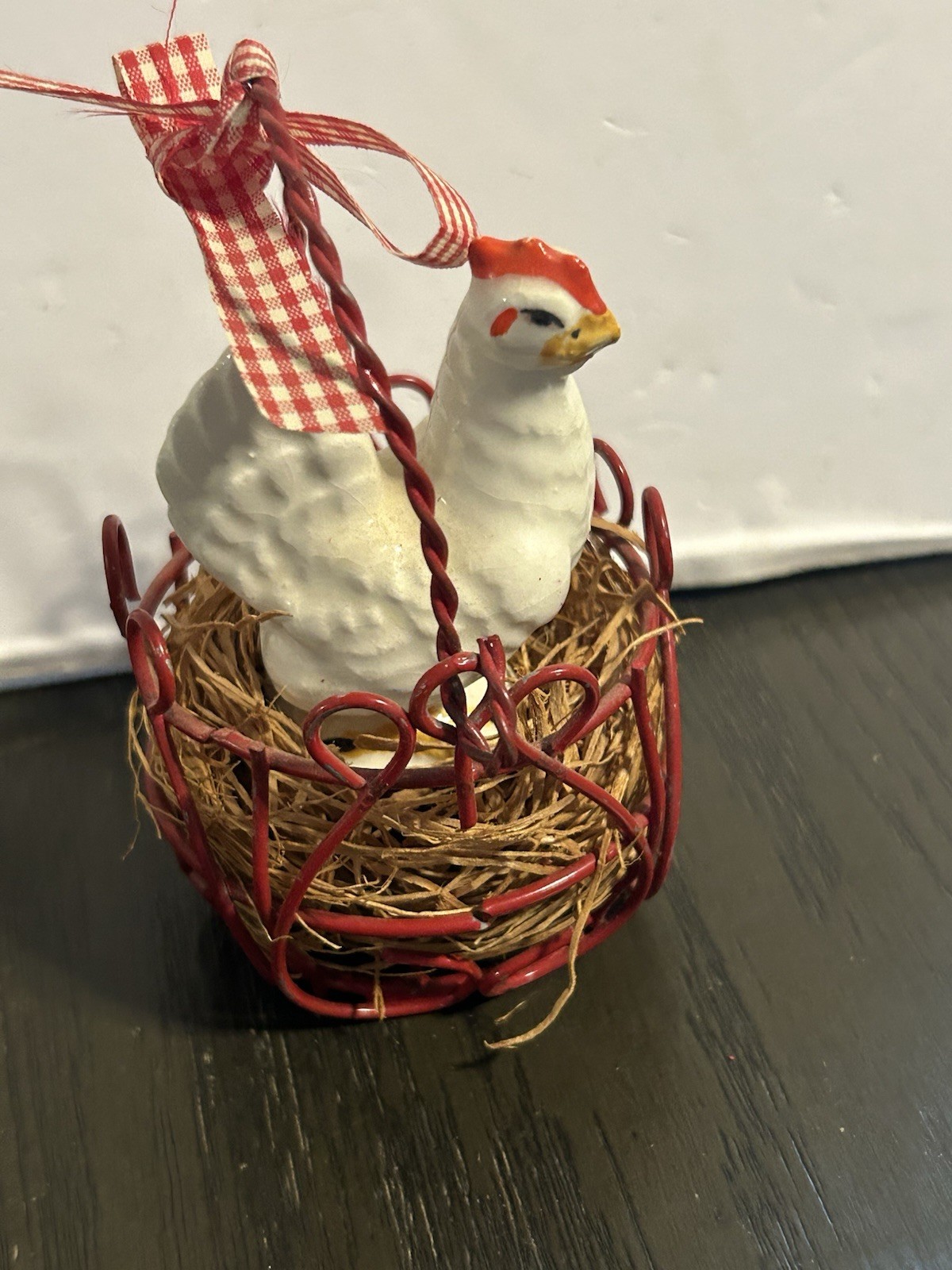 Vintage Gray And Blue Hen On A Nest•Porcelain Chicken On Nest In Wire Basket•EUC