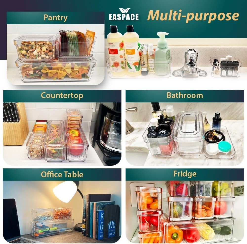 10-Pack Clear Fridge Organizer Bins W/ Lids & Drainage Holes Stackable Container