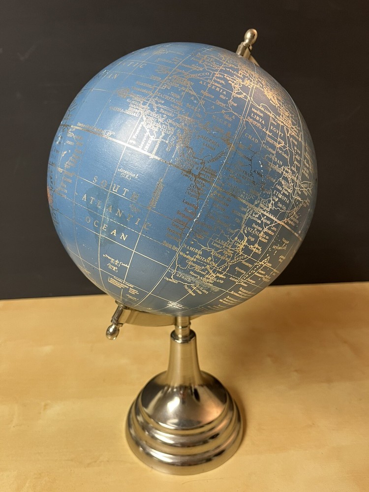 BLUE World Map Globe with Silver Color Rustic Base 14 " Table Top Decorative